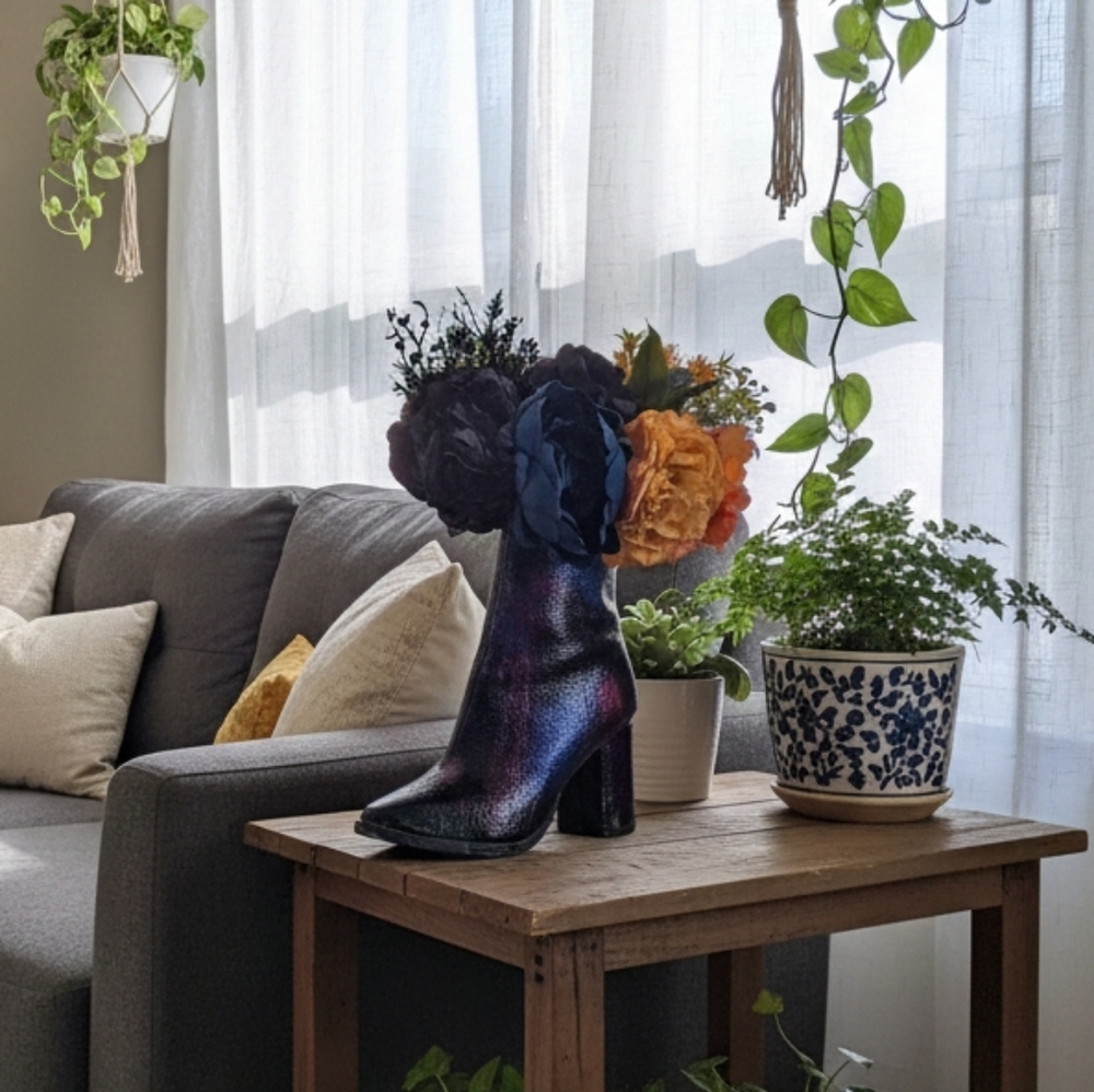 HANDCRAFTED Upcycled Leather Boot Vase Artwork HANDPAINTED Tabletop Art Decor